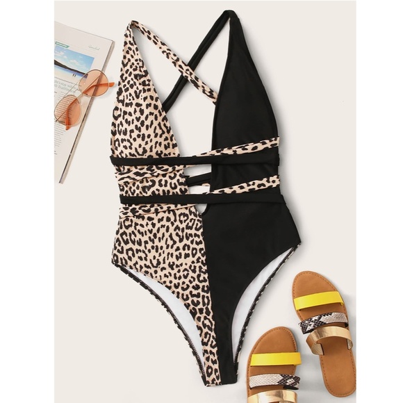 Cheetah Print Deep V Tie Detail One Piece Swimsuit - Picture 2 of 16